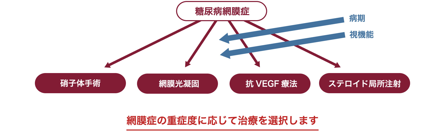 硝子体手術・網膜光凝固・抗VFGF療法・ステロイド局所注射　網膜症の重症度に応じて治療を選択します